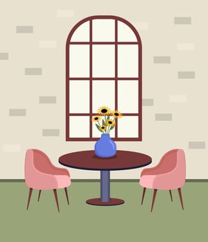 Modern Cafe Interior with pink chairs and wooden table. Empty No People vector illustration in flat style.