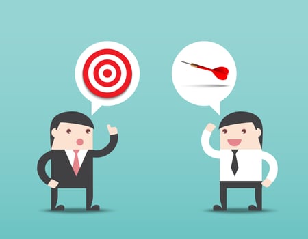 Businessman talk about dartboard and dart. Business target success, investment goal, marketing challenge, financial strategy, purpose achievement, focus idea, corporate communicate concept. vector