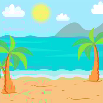 Summer landscape. The beach, the sea with palm trees. Vector illustration.