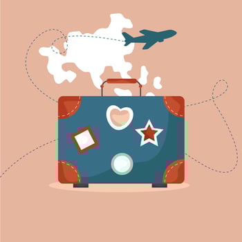 Travel luggage with map and airplane. Isolated on white background. Vector illustration.
