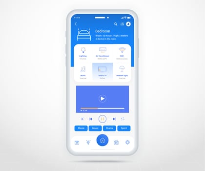 Smartphone smart home controlled app UX UI, IOT Internet of things technology, Digital future home automation tech, smart devices application phone, Wifi tv lighting heating air, vector illustration