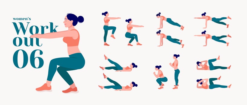 Workout girl set. Woman doing fitness and yoga exercises. Lunges and squats, plank and abc. Full body workout. vector