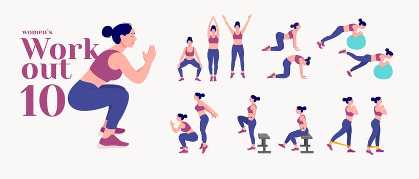 Workout girl set. Woman doing fitness and yoga exercises. Lunges and squats, plank and abc. Full body workout. vector