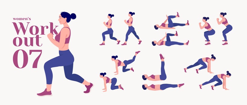 Workout girl set. Woman doing fitness and yoga exercises. Lunges and squats, plank and abc. Full body workout. vector