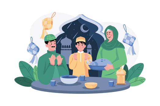 Muslim Family doing Eid prayer doing dinner vector