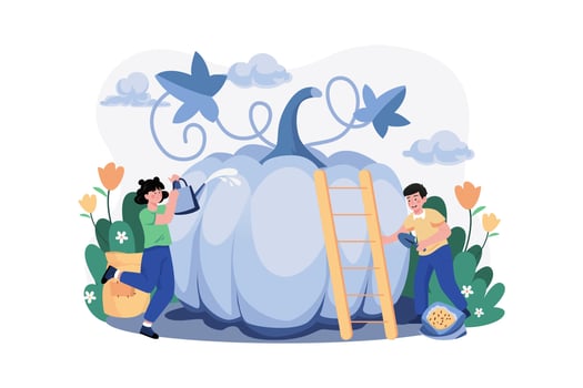 Children Take Care Of Pumpkins For Thanksgiving Day vector