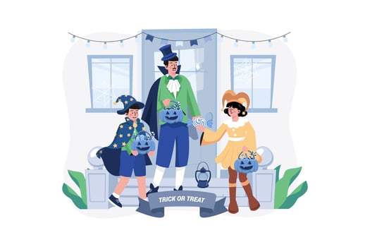 Dad And Kids Are Doing Trick Or Treat And Having Fun On Halloween vector