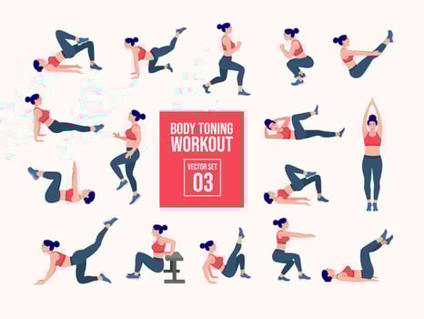 Women Workout Set. women exercise vector set. Women doing fitness and yoga exercises. Lunges, Pushups, Squats, Dumbbell rows, Burpees, Side planks, Glute bridge, Leg Raise, Russian Twist .etc