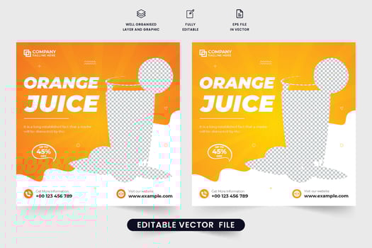 Orange juice promotional web banner design for restaurants and cafes. Beverage sale template vector for social media marketing. Orange juice sale discount template design with abstract shapes.