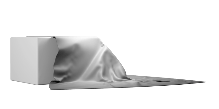 Silver silk cloth falling from white corner podium. 3d render scene with angle pedestal and no background. Isolated platform for advertising. Mockup template png