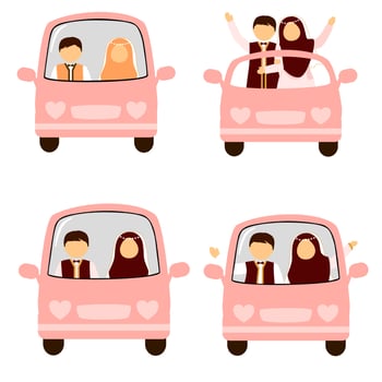 Muslim bride and groom in a car vector