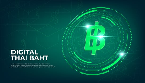 Digital Thai Baht currency sign, CBDC currency futuristic digital money on green abstract technology background, vector. vector
