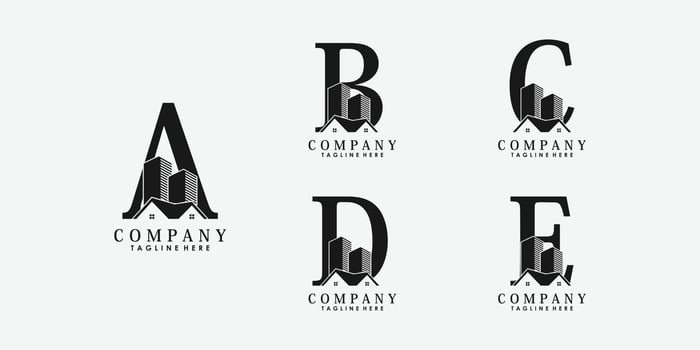 set of letter font abcde logo design vector with real estate and building icon