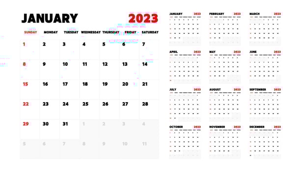 2023 Calendar. The week starts on Sunday. Annual calendar 2023 template. Calendar design in black and white colors, Sunday in red colors. Calendar planning week. vector