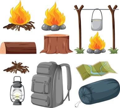 Set of many camping elements vector