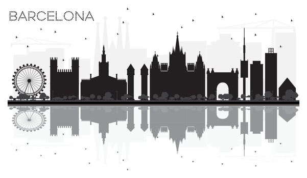 Barcelona City skyline black and white silhouette with reflections. vector