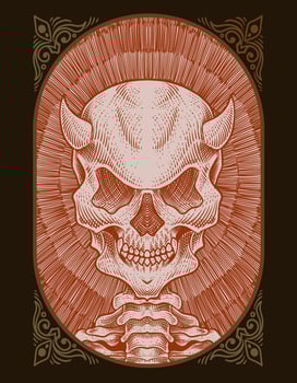 illustration skull demon with engraving style vector
