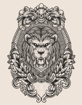 illustration vintage lion with engraving style vector