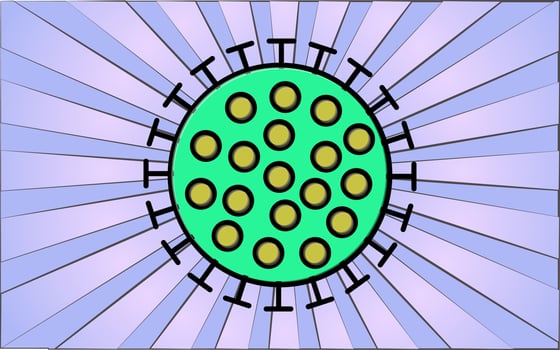 The green virus of a dangerous deadly epidemic pandemic of the coronavirus microbe virus Covid-19 against a background of purple abstract rays. Vector illustration