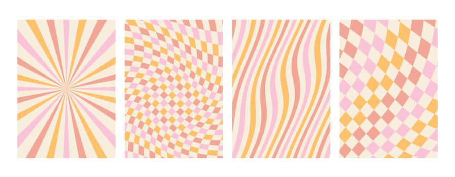 Groovy rainbow pastel backgrounds. Chessboard, grid, waves, swirl, vortex pattern.. Twisted and distorted vector texture in a trendy retro psychedelic style. The aesthetics of the hippies of the 70s.