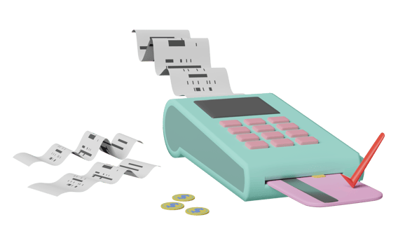 3d payment machine or pos terminal, electronic bill payment and credit card with invoice or paper check receipt, coin isolated. 3d render illustration png