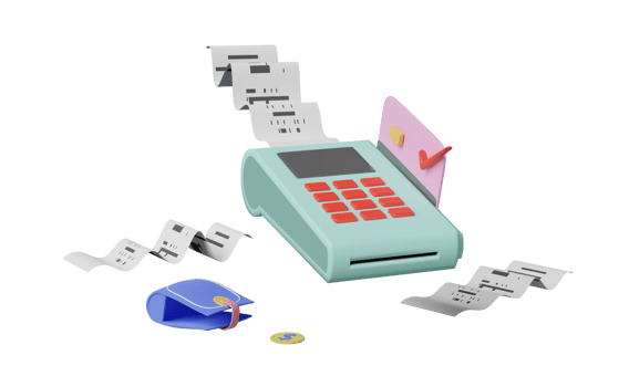 payment machine or pos terminal, electronic bill payment and credit card with invoice or paper check receipt, wallet, coin isolated. 3d illustration or 3d render png
