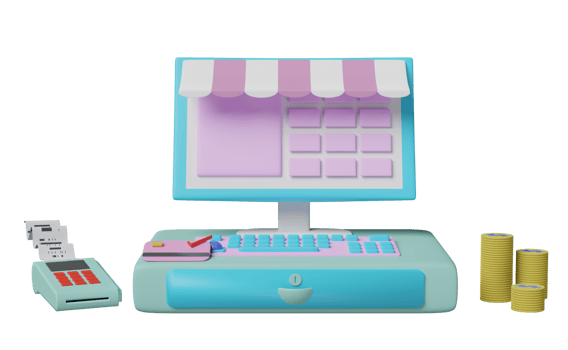 cash register machine with pos terminal, electronic bill payment, invoice or paper check receipt isolated. 3d illustration or 3d render png