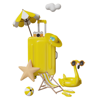 summer travel with yellow suitcase, beach chair, sunglasses, camera, umbrella, Inflatable flamingo, sandals ,hat isolated. concept 3d illustration or 3d render png