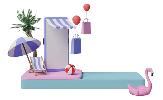 3d stage podium with mobile phone or smartphone store front, beach chair, Inflatable flamingo, palm leaf, shopping paper bags, online shopping summer sale concept, 3d render illustration png