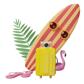 summer travel with yellow suitcase, surfboard, sandals, Inflatable flamingo, palm isolated. summer travel vacation concept, 3d illustration or 3d render png