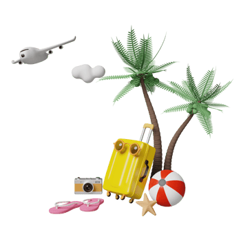 summer travel with yellow suitcase, sandals, ball, coconut tree, camera isolated. concept 3d illustration or 3d render png