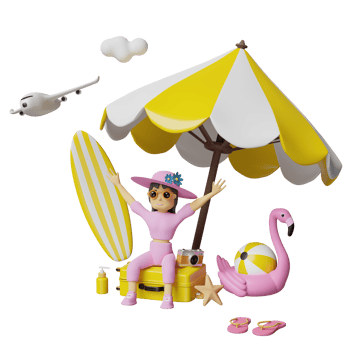 summer travel with woman sitting on yellow suitcase and surfboard, umbrella, Inflatable flamingo, palm, camera, sandals isolated. concept 3d illustration or 3d render png