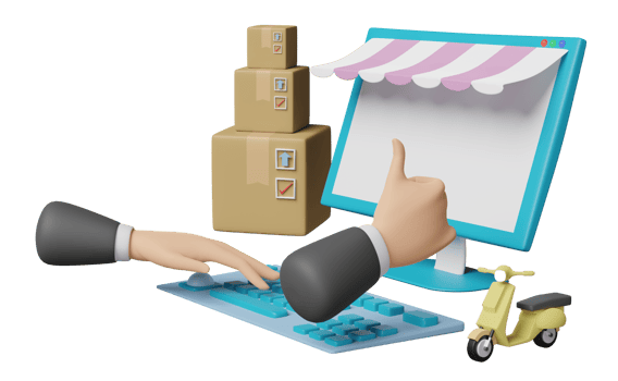computer monitor with store front, businessman hand, goods box, scooter isolated. franchise business or fast package shipping delivery concept, 3d illustration or 3d render png