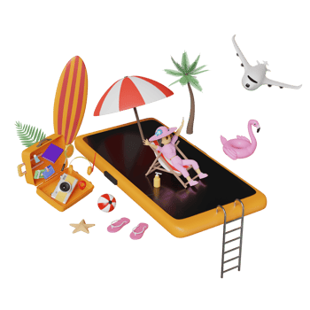 summer travel with woman sitting on beach chair and mobile phone, suitcase, surfboard, umbrella, Inflatable flamingo, palm, camera, sandals isolated. concept 3d illustration or 3d render png