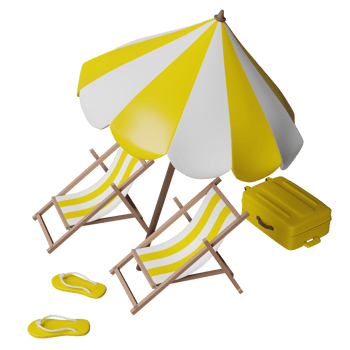 summer travel with yellow suitcase, beach chair, umbrella, cloud, sandals isolated. concept 3d illustration or 3d render png