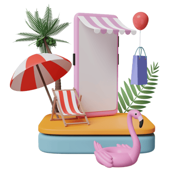 stage podium with mobile phone or smartphone store front, beach chair, Inflatable flamingo, palm leaf, shopping paper bags, online shopping summer sale concept, 3d illustration or 3d render png