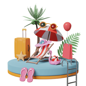 stage podium with orange suitcase, beach chair, sunglasses, Inflatable flamingo, sandals, palm leaf, shopping bags, summer travel or online shopping summer sale concept, 3d illustration or 3d render png