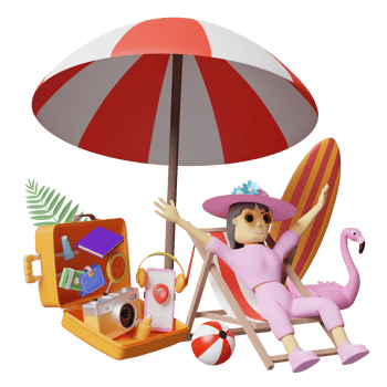 summer travel with woman sitting on beach chair and orange suitcase, surfboard, umbrella, Inflatable flamingo, palm, camera isolated. concept 3d illustration or 3d render png