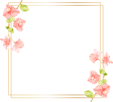 watercolor pink Bougainvillea flower bouquet with golden wreath frame with copy space png