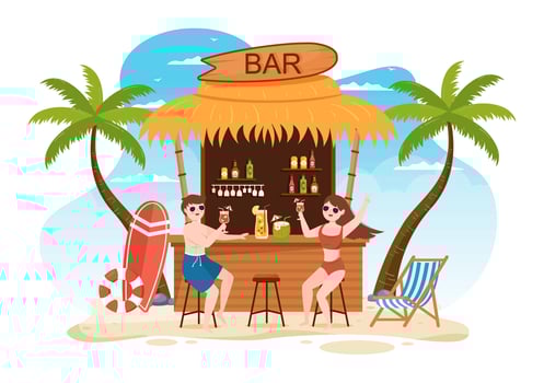 Tropical Cocktail Bar Serving Alcoholic Fruit Juice Drinks or Cocktails by the Sea on Flat Hand Drawn Cartoon Template Illustration vector
