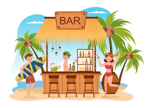Tropical Cocktail Bar Serving Alcoholic Fruit Juice Drinks or Cocktails by the Sea on Flat Hand Drawn Cartoon Template Illustration vector