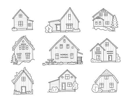 Scandinavian cute houses doodle set. Nordic house facades. Hand drawn sketch of tipical norway buildings. Typical northern facades made of sandwich panels. Vector illustration for card cityscape