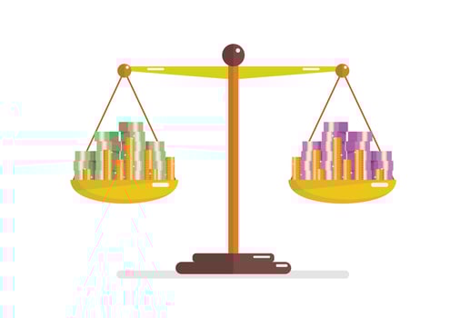 Comparison between two currency on balance scale vector