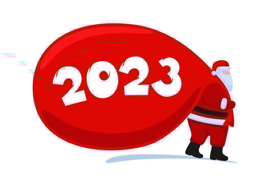 Santa Claus cartoon character coming and carries large heavy gifts red bag. Christmas and Happy New year 2023 holiday greeting card on white background. Vector celebration calendar poster illustration