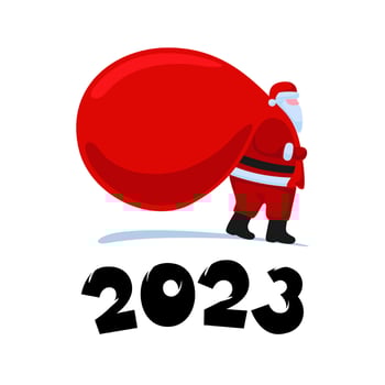 Santa Claus cartoon character coming and carries large heavy gifts red bag. Christmas and Happy New year 2023 holiday greeting card on white background. Vector eps celebration calendar illustration