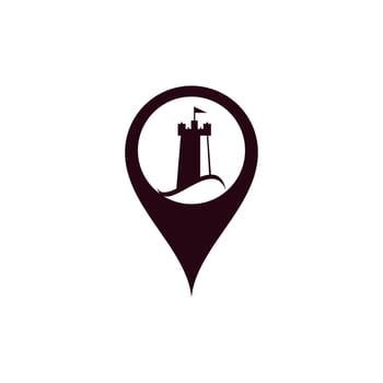 Castle Wave map pin shape concept Logo Vector Icon Illustration. Simple castle and ocean wave logo
