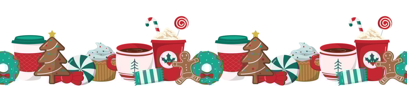 Christmas and Happy New Year seamless border with winter sweets and drinks. Holiday banner design template. Isolated on white background. vector