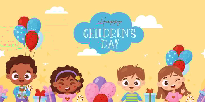 Happy childrens day. Seamless border with cute cartoon kids. Black and white boys and girls with gifts and balloons on yellow background. Vector illustration. horizontal banner template for design.