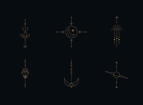 Set of moon and sun line art. Minimal boho linear symbols. Celestial mystic element. Vector line art illustration.