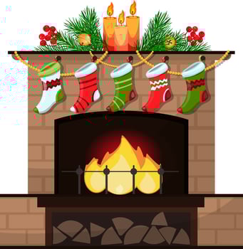 christmas fireplace decorated with candles and socks, new year illustration vector